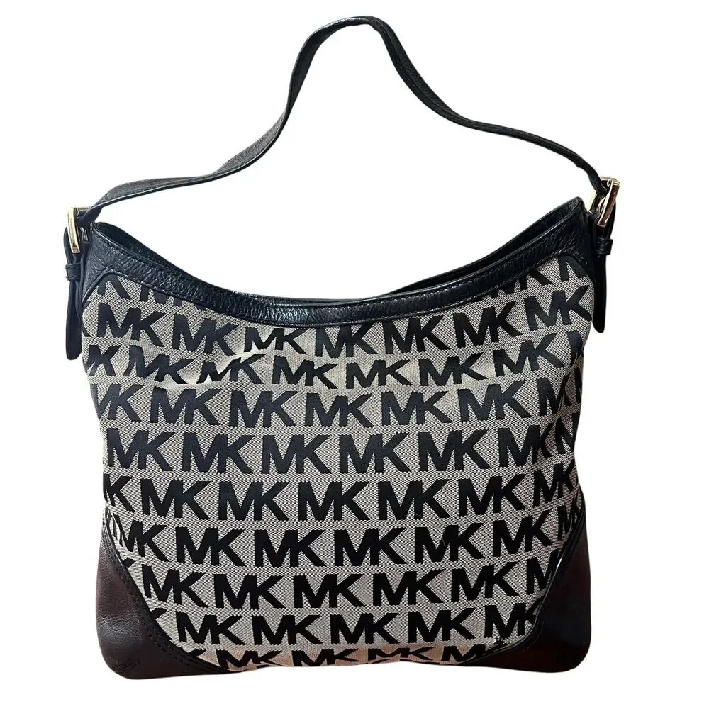 Michael Kors Hobo Bag Womens Large Black Logo Canvas Leather Shoulder Junie - Picture 2 of 13